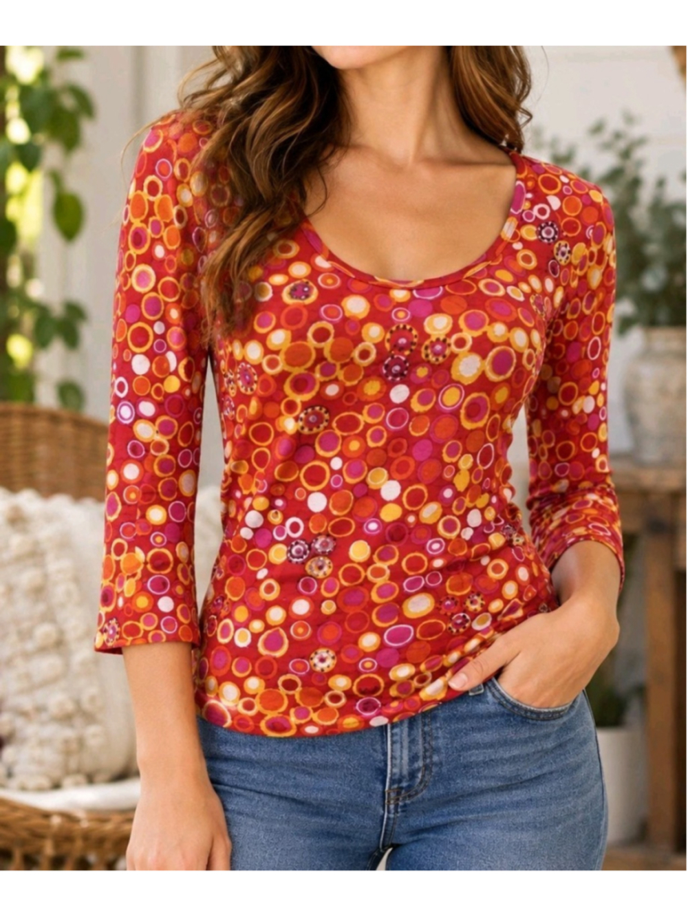 Chaudry B Women's S NWT Embellished Circle Print Top 3/4 Sleeve Y2K Boho